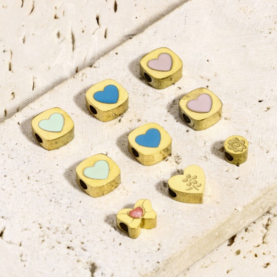 Picture of Eco-friendly 304 Stainless Steel Stylish Beads For DIY Charm Jewelry Making Square Gold Plated Multicolor Heart Enamel