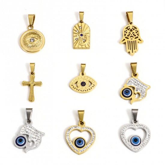 Bild von 1 Stück Umweltfreundlich 304 Edelstahl Religiös Charms Herz Bunt Böser Blick Evil Eye Transparent Strass