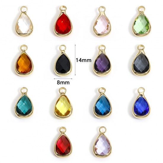 Picture of Brass & Glass Birthstone Charms Gold Plated Multicolor Drop Faceted 14mm x 8mm                                                                                                                                                                                