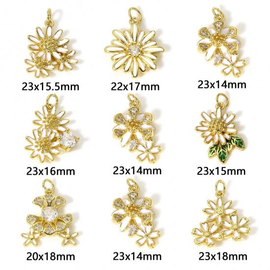 Picture of Brass Charms 18K Real Gold Plated White Daisy Flower Enamel