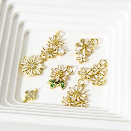 Picture of Brass Charms 18K Real Gold Plated White Daisy Flower Enamel