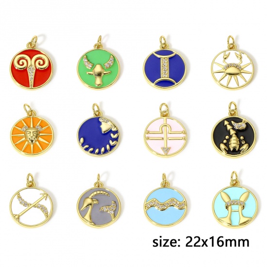 Picture of Copper Charms 18K Real Gold Plated Multicolor Round Constellation Enamel Clear Cubic Zirconia 22mm x 16mm