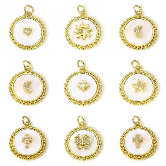 Picture of Natural Shell & Brass Charms 18K Real Gold Plated Round Micro Pave Clear Cubic Zirconia 24mm x 18mm