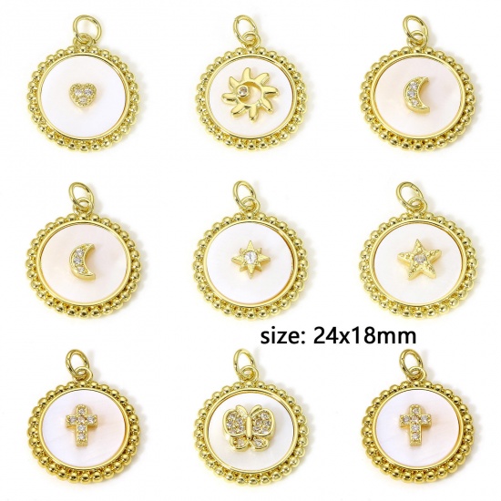 Picture of Natural Shell & Brass Charms 18K Real Gold Plated Round Micro Pave Clear Cubic Zirconia 24mm x 18mm