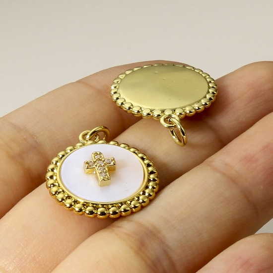 Picture of Natural Shell & Brass Charms 18K Real Gold Plated Round Micro Pave Clear Cubic Zirconia 24mm x 18mm