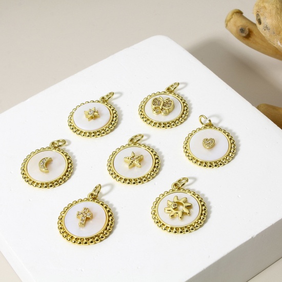 Picture of Natural Shell & Brass Charms 18K Real Gold Plated Round Micro Pave Clear Cubic Zirconia 24mm x 18mm