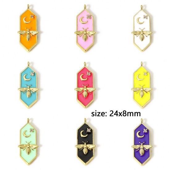 Picture of Brass Charms 18K Real Gold Plated Multicolor Bee Animal Moon Enamel Clear Cubic Zirconia 24mm x 8mm