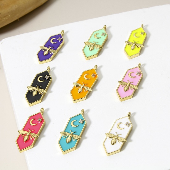 Picture of Brass Charms 18K Real Gold Plated Multicolor Bee Animal Moon Enamel Clear Cubic Zirconia 24mm x 8mm