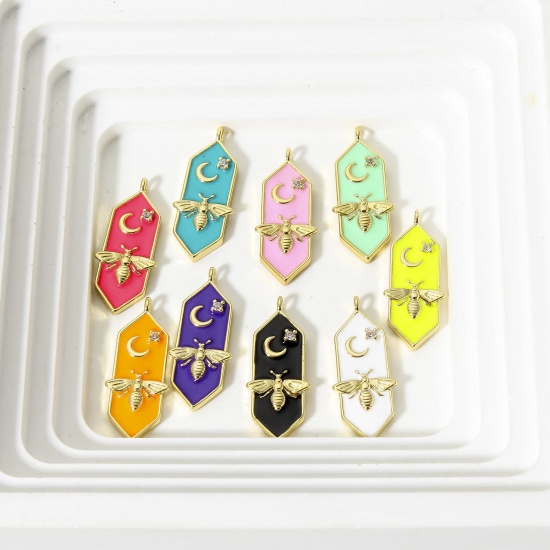 Picture of Brass Charms 18K Real Gold Plated Multicolor Bee Animal Moon Enamel Clear Cubic Zirconia 24mm x 8mm