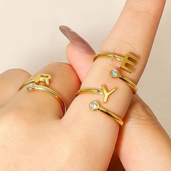Picture of Eco-friendly Vacuum Plating Simple & Casual Stylish 18K Real Gold Plated 304 Stainless Steel & Rhinestone Open Adjustable Capital Alphabet/ Letter Message " A-Z " Rings For Women Birthday