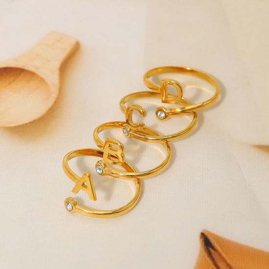 Bild von 1 Stück Umweltfreundliche Vakuumbeschichtung Einfach und lässig Stilvoll 18K Echtgold plattiert 304 Edelstahl & Strass Offen Verstellbar Buchstabe Message " A-Z " Ring Für Frauen Geburtstag