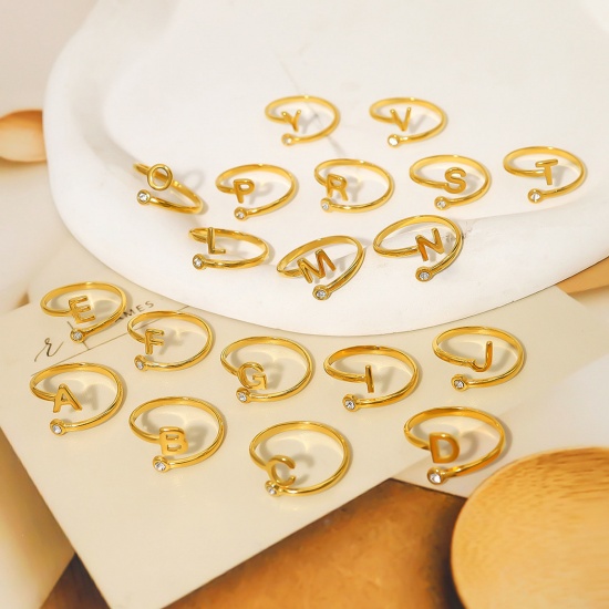 Picture of Eco-friendly Vacuum Plating Simple & Casual Stylish 18K Real Gold Plated 304 Stainless Steel & Rhinestone Open Adjustable Capital Alphabet/ Letter Message " A-Z " Rings For Women Birthday