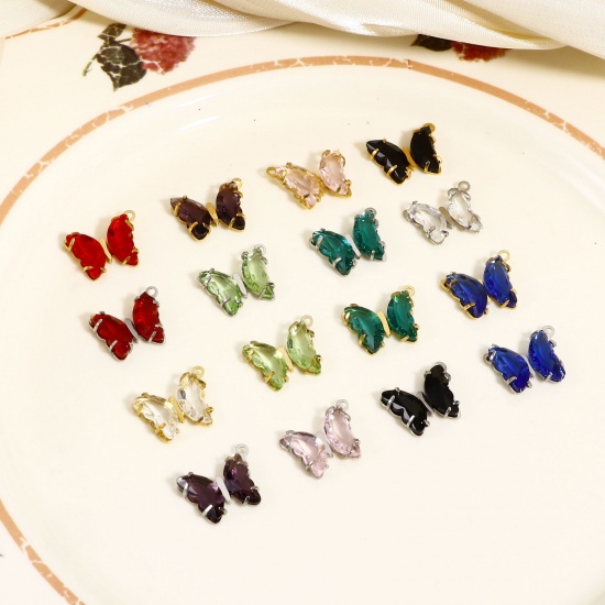 Picture of 304 Stainless Steel & Glass Birthstone Charms Multicolor Butterfly Animal