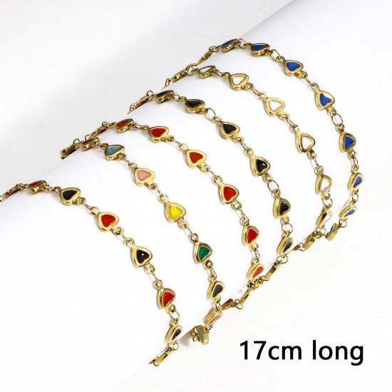 Picture of Eco-friendly Vacuum Plating 304 Stainless Steel Valentine's Day Handmade Link Chain Bracelets 18K Gold Plated Heart Double-sided Enamel 17cm(6 6/8") long