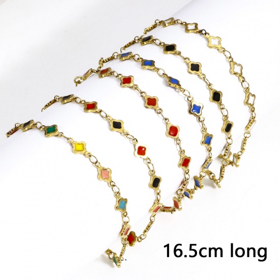 Picture of Eco-friendly Vacuum Plating 304 Stainless Steel Handmade Link Chain Bracelets 18K Gold Plated Quadrilateral Double-sided Enamel 16.5cm(6 4/8") long