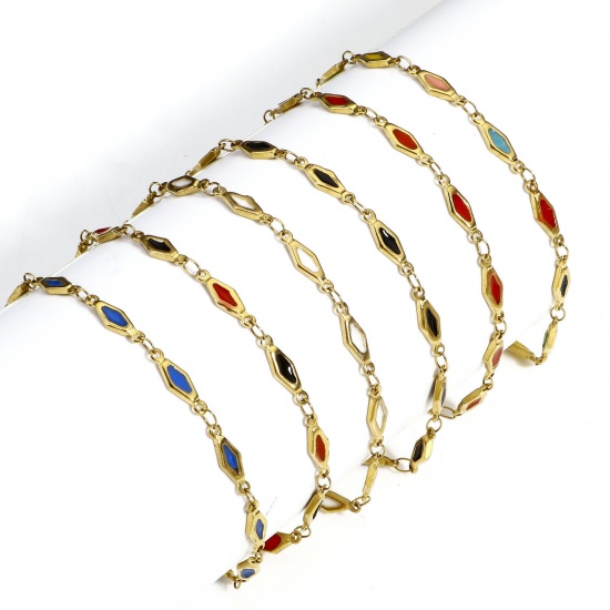 Picture of Eco-friendly Vacuum Plating 304 Stainless Steel Handmade Link Chain Bracelets 18K Gold Plated Rhombus Double-sided Enamel 17.5cm(6 7/8") long