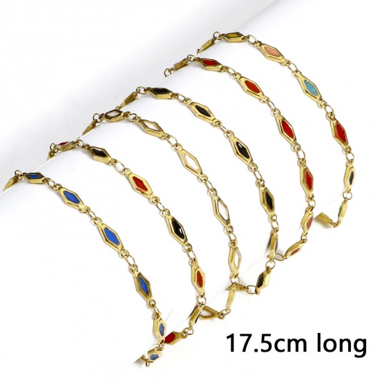 Picture of Eco-friendly Vacuum Plating 304 Stainless Steel Handmade Link Chain Bracelets 18K Gold Plated Rhombus Double-sided Enamel 17.5cm(6 7/8") long