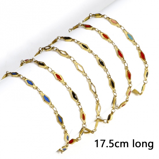 Immagine di 1 Pz Placcatura Sottovuoto Ecologica 304 Acciaio Inossidabile Catena a Maglia Fatta a Mano Braccialetti Placcato Oro 18K Rombo Smalto a Doppia Faccia 17.5cm Lunghezza