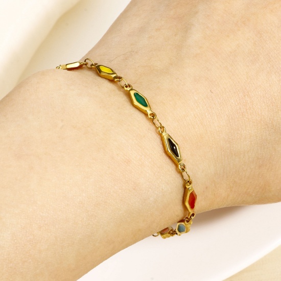 Picture of Eco-friendly Vacuum Plating 304 Stainless Steel Handmade Link Chain Bracelets 18K Gold Plated Rhombus Double-sided Enamel 17.5cm(6 7/8") long