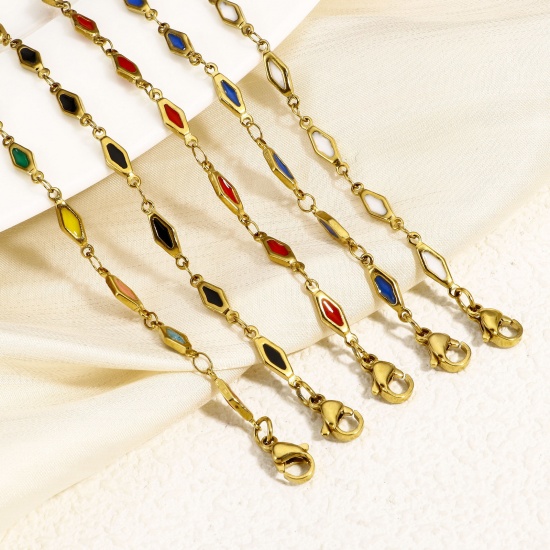 Picture of Eco-friendly Vacuum Plating 304 Stainless Steel Handmade Link Chain Bracelets 18K Gold Plated Rhombus Double-sided Enamel 17.5cm(6 7/8") long