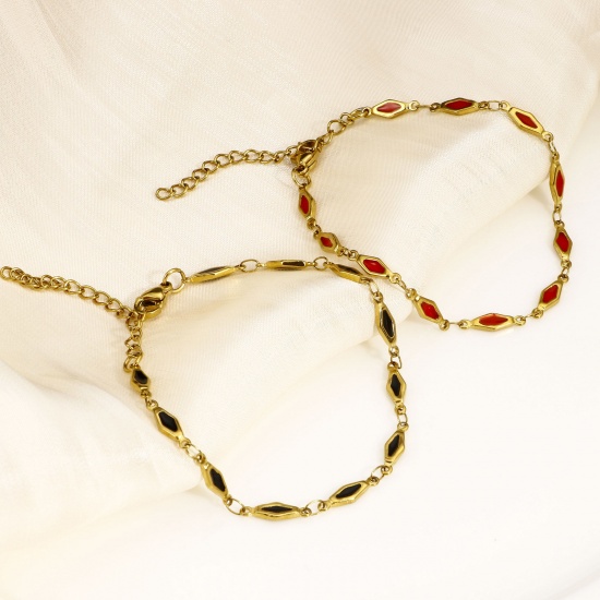Picture of Eco-friendly Vacuum Plating 304 Stainless Steel Handmade Link Chain Bracelets 18K Gold Plated Rhombus Double-sided Enamel 17.5cm(6 7/8") long