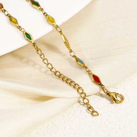 Picture of Eco-friendly Vacuum Plating 304 Stainless Steel Handmade Link Chain Bracelets 18K Gold Plated Rhombus Double-sided Enamel 17.5cm(6 7/8") long