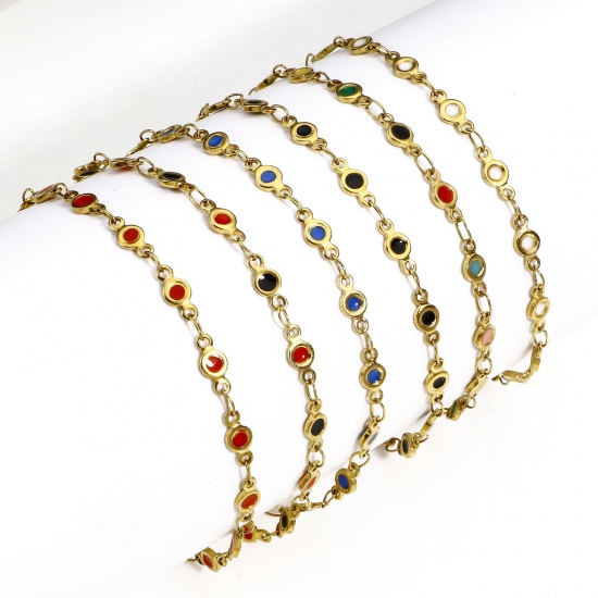 Picture of Eco-friendly Vacuum Plating 304 Stainless Steel Handmade Link Chain Bracelets 18K Gold Color Heart Double-sided Enamel 17cm(6 6/8") long