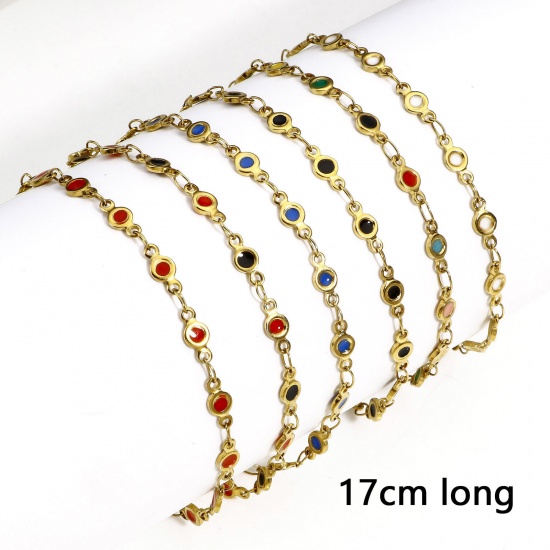 Picture of Eco-friendly Vacuum Plating 304 Stainless Steel Handmade Link Chain Bracelets 18K Gold Plated Heart Double-sided Enamel 17cm(6 6/8") long