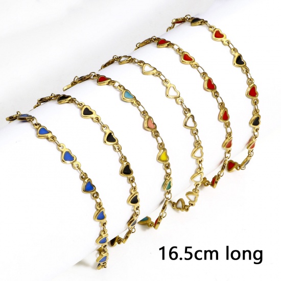 Immagine di 1 Pz Placcatura Sottovuoto Ecologica 304 Acciaio Inossidabile San Valentino Catena a Maglia Fatta a Mano Braccialetti Placcato Oro 18K Cuore Smalto a Doppia Faccia 16.5cm Lunghezza