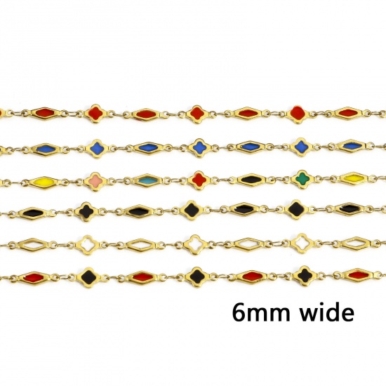 Picture of 1 M Vacuum Plating 304 Stainless Steel Double-sided Enamel Handmade Link Chain For Handmade DIY Jewelry Making Findings Geometric 18K Gold Plated 6mm