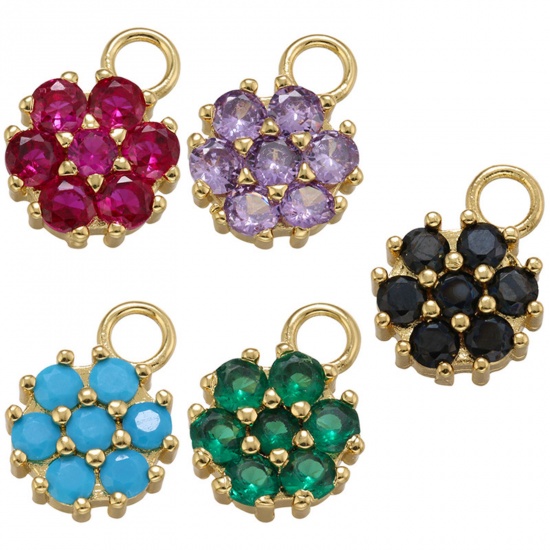 Picture of Brass Charms Gold Plated Flower Multicolour Cubic Zirconia 14.5mm x 11mm                                                                                                                                                                                      