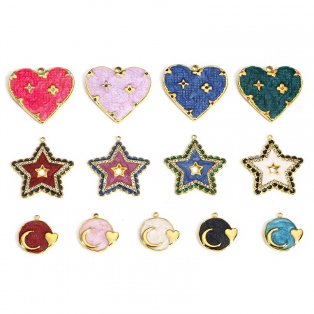 304 Stainless Steel Galaxy Charms Gold Plated Multicolor Round Heart Enamel