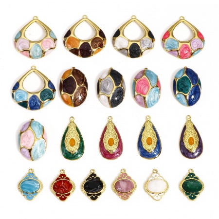 304 Stainless Steel & Stone Style Of Royal Court Character Charms Gold Plated Multicolor Oval Carved Pattern Enamel