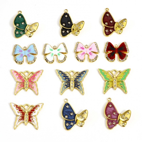 Image de 1 Pièce Breloques en 304 Acier Inoxydable Insecte Papillon Doré Multicolore Émail à Strass Transparent
