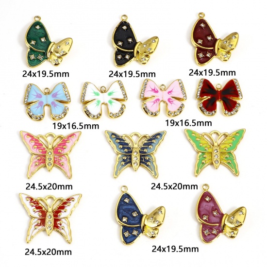 Image de 1 Pièce Breloques en 304 Acier Inoxydable Insecte Papillon Doré Multicolore Émail à Strass Transparent