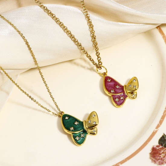 Image de 1 Pièce Breloques en 304 Acier Inoxydable Insecte Papillon Doré Multicolore Émail à Strass Transparent