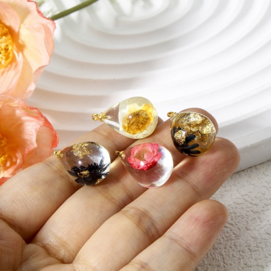 Picture of Resin & Real Dried Flower Charms Drop Multicolor 3D 21mm x 13mm
