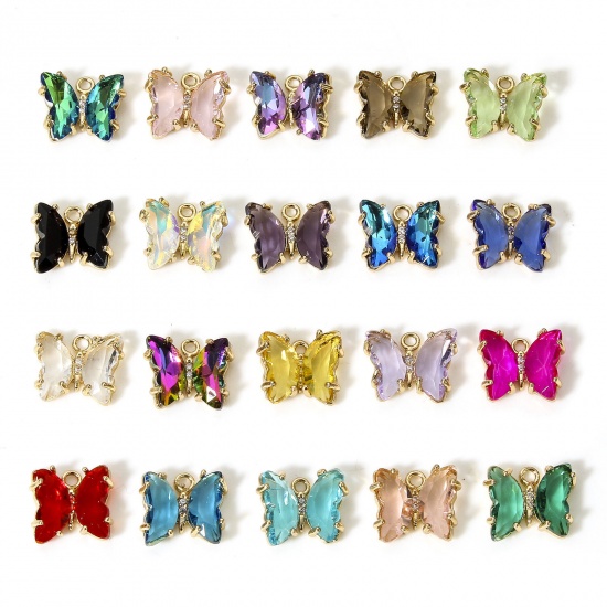 Picture of Brass & Glass Insect Charms Gold Plated Multicolor AB Rainbow Color Butterfly Animal 12mm x 10mm                                                                                                                                                              