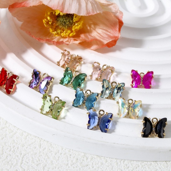 Picture of Brass & Glass Insect Charms Gold Plated Multicolor AB Rainbow Color Butterfly Animal 12mm x 10mm                                                                                                                                                              