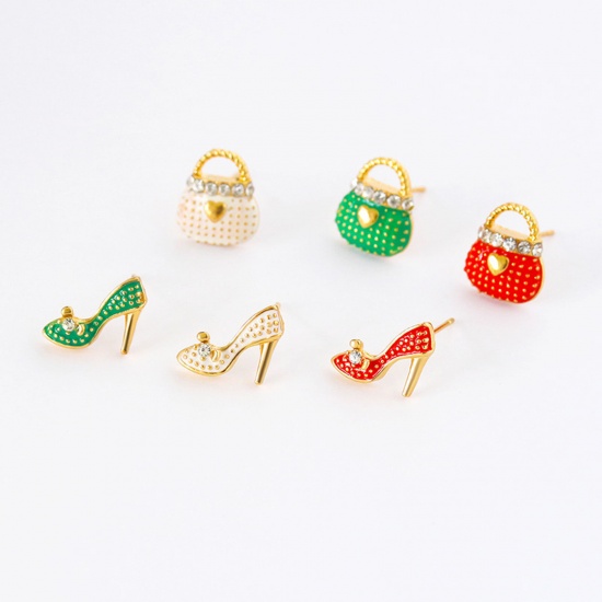 Picture of Stylish Asymmetric Earrings Gold Plated Multicolor Bag High-Heeled Shoes Clear Rhinestone Enamel