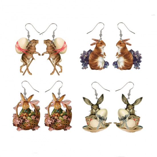 Picture of Wood Easter Day Earrings Multicolor Rabbit Animal Easter Egg