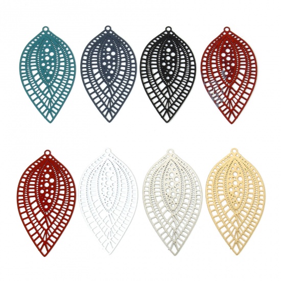 Picture of Iron Based Alloy Filigree Stamping Pendants Multicolor Leaf Painted 4.5cm x 2.4cm