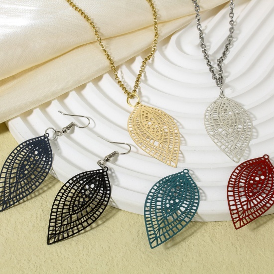Picture of Iron Based Alloy Filigree Stamping Pendants Multicolor Leaf Painted 4.5cm x 2.4cm