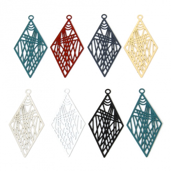 Image de 20 Pcs Pendentifs Estampe en Filigrane en Alliage de Fer Multicolore Losange Laqué 3.3cm x 1.6cm