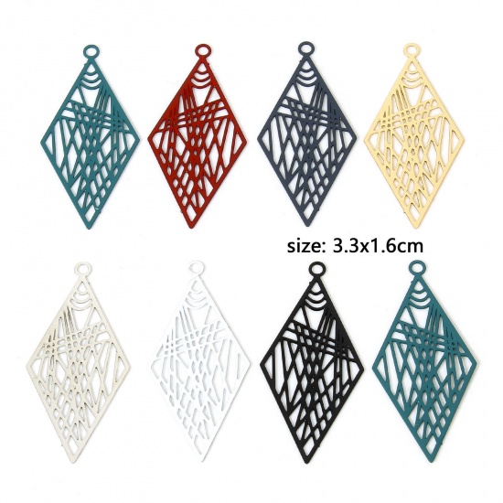 Image de 20 Pcs Pendentifs Estampe en Filigrane en Alliage de Fer Multicolore Losange Laqué 3.3cm x 1.6cm