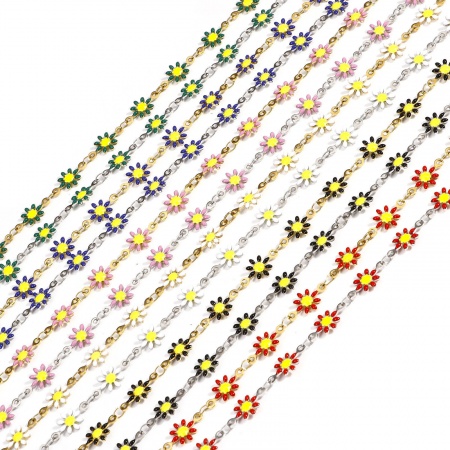 304 Stainless Steel Handmade Link Chain For Handmade DIY Jewelry Making Findings Daisy Flower Double-sided Enamel 7.5mm