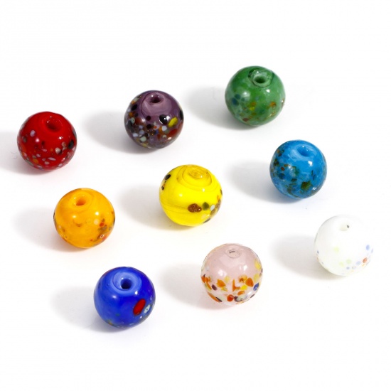 Picture of Lampwork Glass Beads For DIY Charm Jewelry Making Round Multicolor Watercolor About 10mm Dia, Hole: Approx 1.5mm