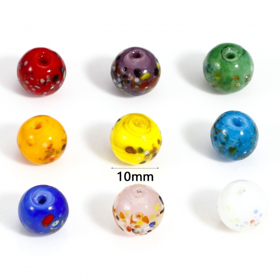 Picture of Lampwork Glass Beads For DIY Charm Jewelry Making Round Multicolor Watercolor About 10mm Dia, Hole: Approx 1.5mm