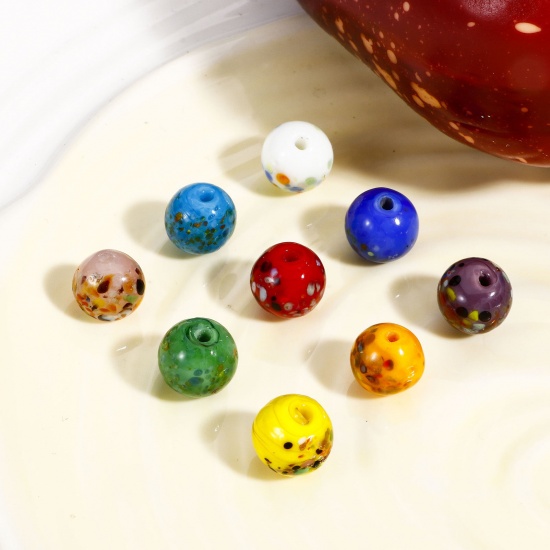 Immagine di 5 Pz Lampwork Vetro Perline per la Creazione di Gioielli con Ciondoli Fai-da-te Tondo Multicolore Acquerello Circa 10mm Dia, Foro: Circa 1.5mm
