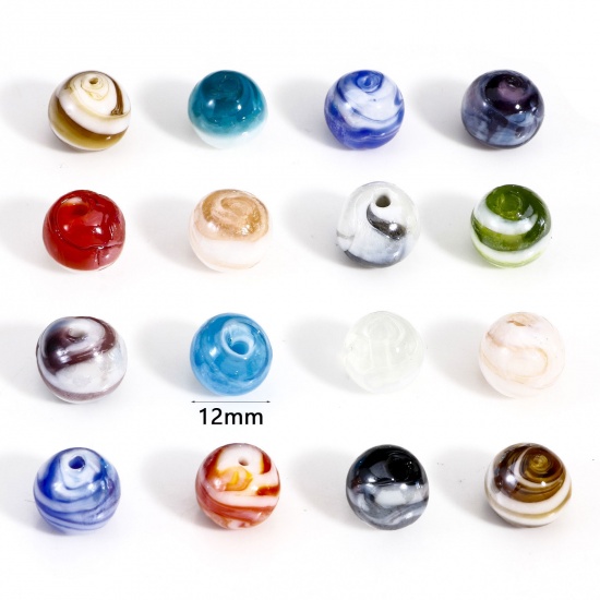 Image de 10 Pcs Perles pour DIY Fabrication de Bijoux de Pendentife en Verre au Chalumeau Rond Multicolore Texture 12mm Dia, Trou: 2mm-1mm